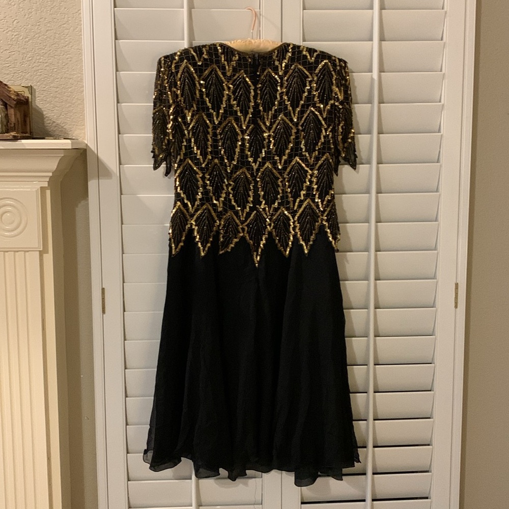 Laurence Kazar Leaf Black Gold Sequin Silk Vintage Cocktail Dress Size XL - Picture 9 of 17